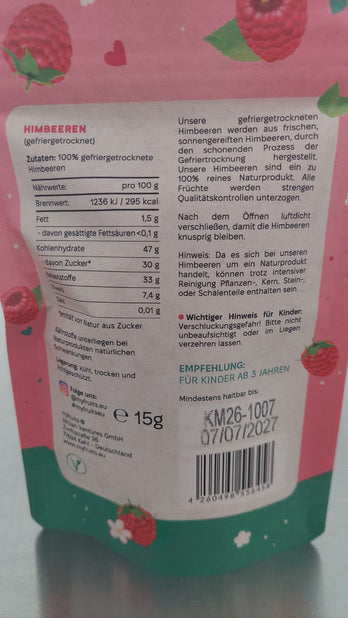 B-Ware Gefriergetrocknete Himbeeren (nicht knusprig) – 15 g.