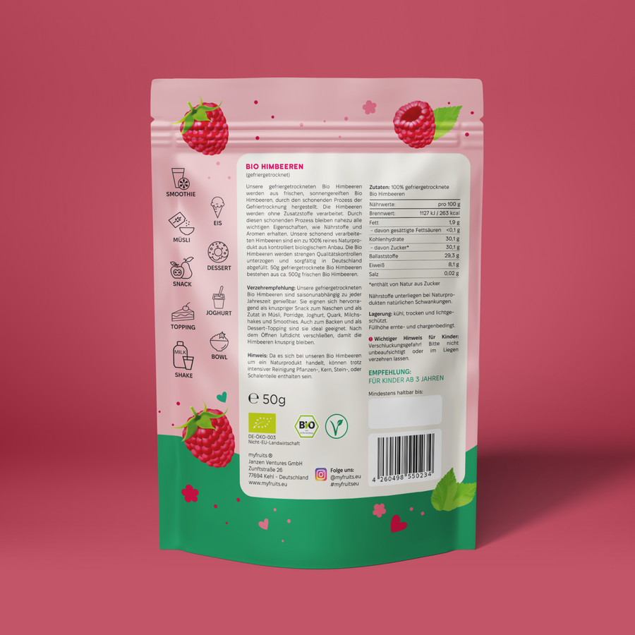 Gefriergetrocknete Bio Himbeeren.