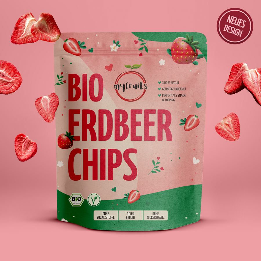 Gefriergetrocknete Bio Erdbeerchips.