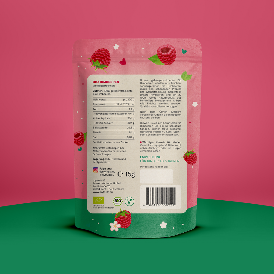 Gefriergetrocknete Bio Himbeeren.