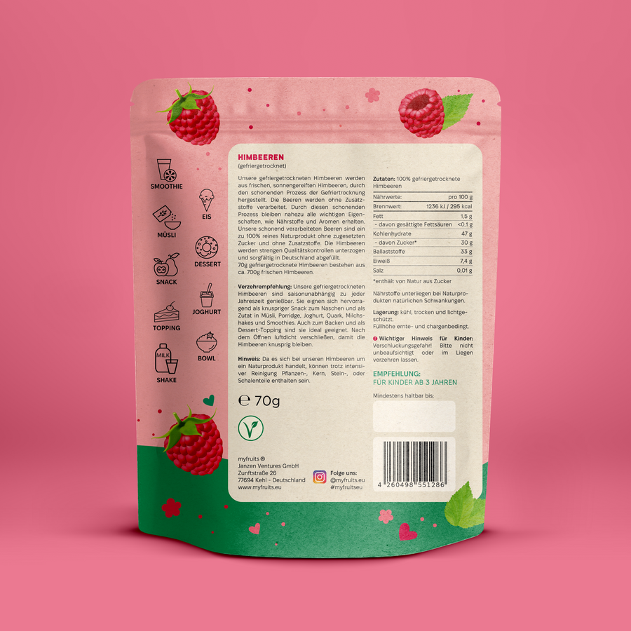 Gefriergetrocknete Himbeeren 70g, B-Ware.