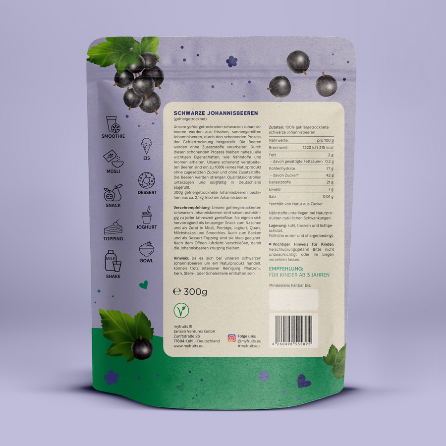Gefriergetrocknete Schwarze Johannisbeeren.